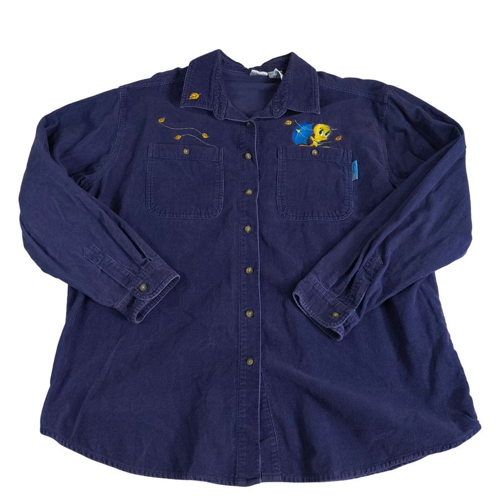 Vintage Style Tweety Bird Corduroy Shirt XL Purple Looney Tunes Button‎ Up